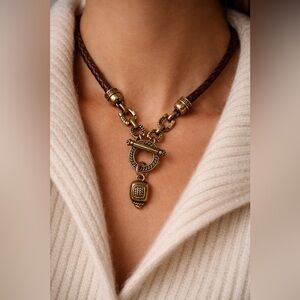 Brighton Brown Leather Cord Necklace w/ Ornate Gold Tone Toggle & Charm Pendant